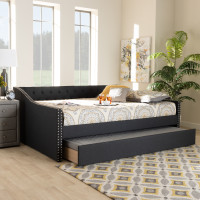 Baxton Studio CF9046-Charcoal-Daybed-Q/T Haylie Modern and Contemporary Dark Grey Fabric Upholstered Queen Size Daybed with Roll-Out Trundle Bed